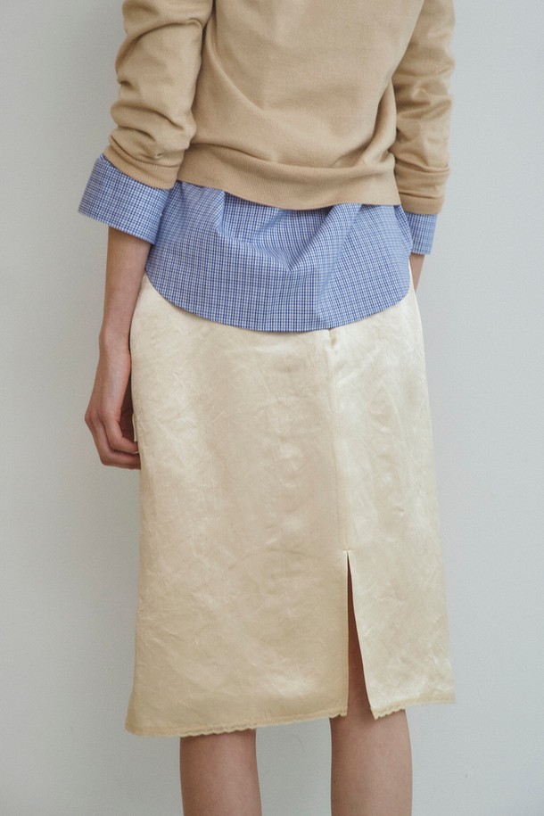 RePLAIN - 미디스커트 - LACE TRIMMING SATIN SKIRT_LIGHT BEIGE