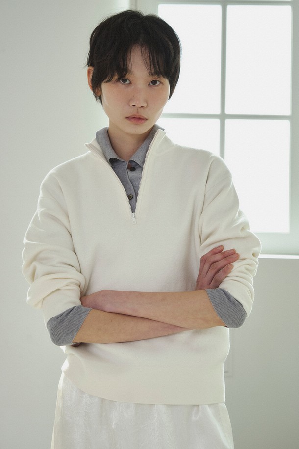 RePLAIN - 가디건 - CASHMERE COTTON HALF ZIP-UP TOP_OFF WHITE