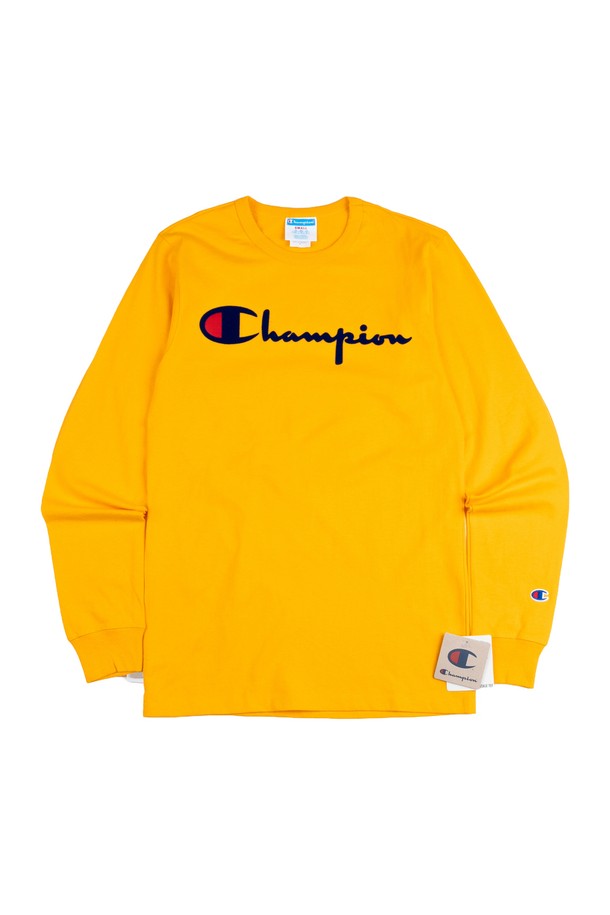 CHAMPION - 긴팔티셔츠 - 챔피온 헤리티지 디렉트 플록 스크립트 남성 긴팔티 c골드