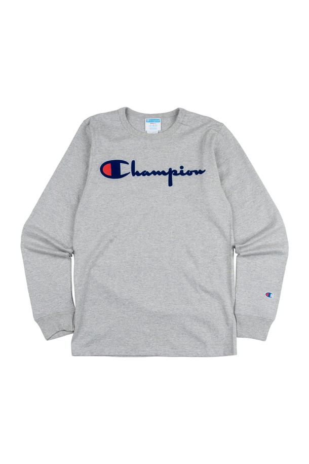 CHAMPION - 긴팔티셔츠 - 챔피온 헤리티지 디렉트 플록 스크립트 남성 긴팔티 그레이