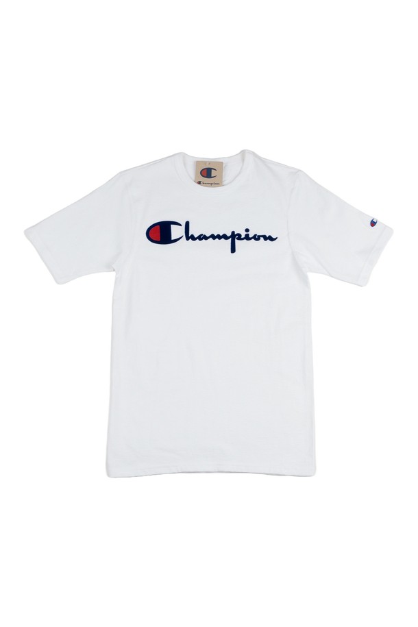 CHAMPION - 반팔티셔츠 - 챔피온 헤리티지 쇼츠 다이렉트 플록 스크립트 남녀공용 반팔티 화이트 GT19-Y07954-WHC