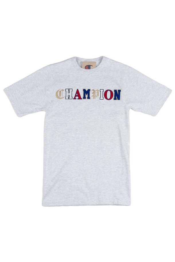 CHAMPION - 반팔티셔츠 - 챔피온 헤리티지 올드 잉글리시 래터링 남성 반팔티 실버그레이