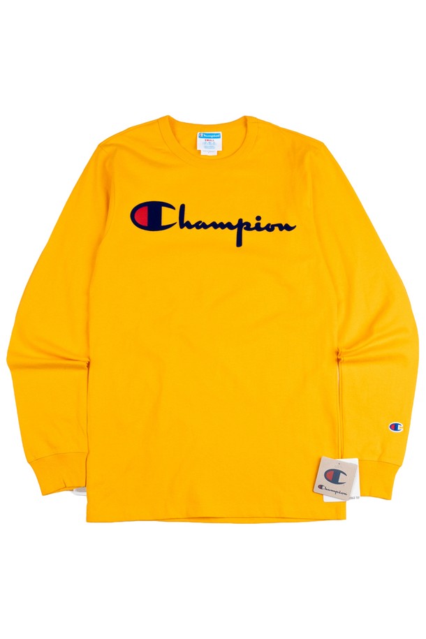 CHAMPION - 긴팔티셔츠 - 챔피온 헤리티지 디렉트 플록 스크립트 남성 긴팔티 c골드