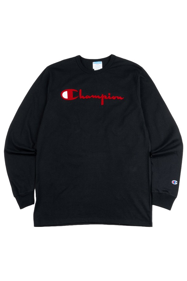 CHAMPION - 긴팔티셔츠 - 챔피온 헤리티지 디렉트 플록 스크립트 남성 긴팔티 블랙