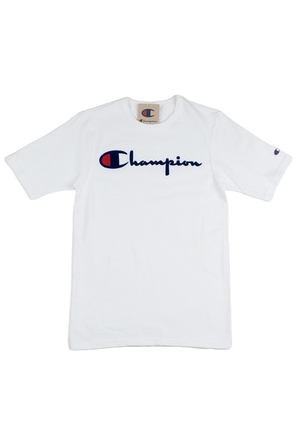 CHAMPION - 반팔티셔츠 - 챔피온 헤리티지 쇼츠 다이렉트 플록 스크립트 남녀공용 반팔티 화이트 GT19-Y07954-WHC