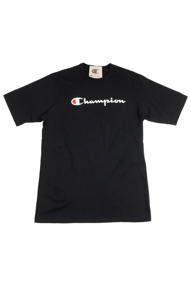 CHAMPION - 반팔티셔츠 - 챔피온 헤리티지 쇼츠 다이렉트 플록 스크립트 남녀공용 반팔티 블랙 GT19-Y07954-BKC