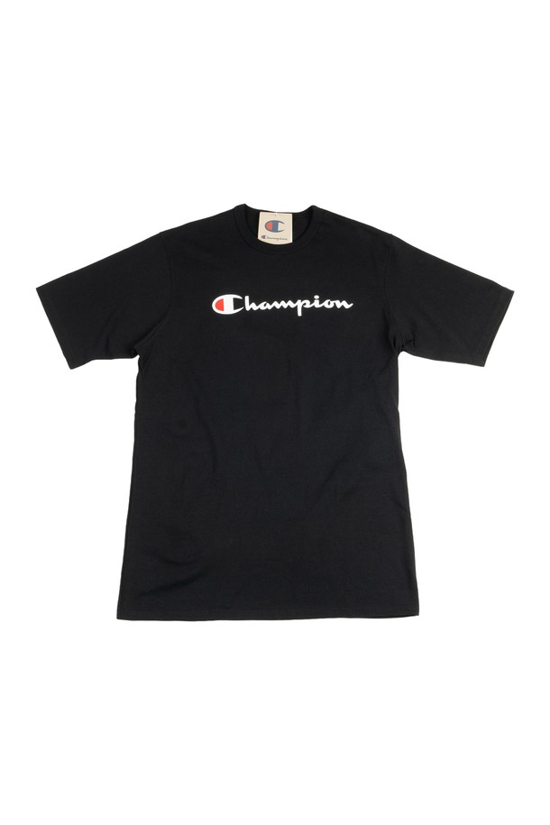 CHAMPION - 반팔티셔츠 - 챔피온 헤리티지 쇼츠 다이렉트 플록 스크립트 남녀공용 반팔티 블랙 GT19-Y07954-BKC