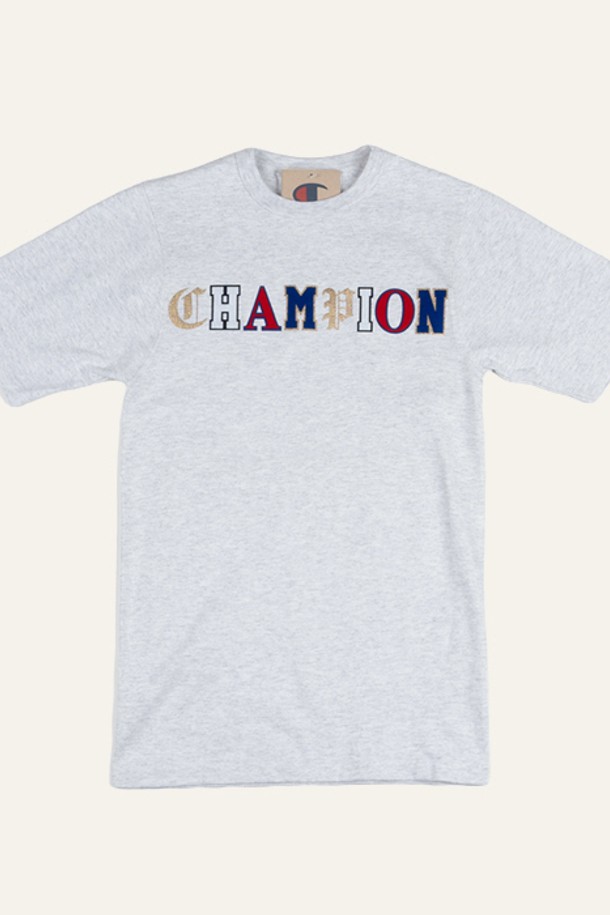 CHAMPION - 반팔티셔츠 - 챔피온 헤리티지 올드 잉글리시 래터링 남성 반팔티 실버그레이