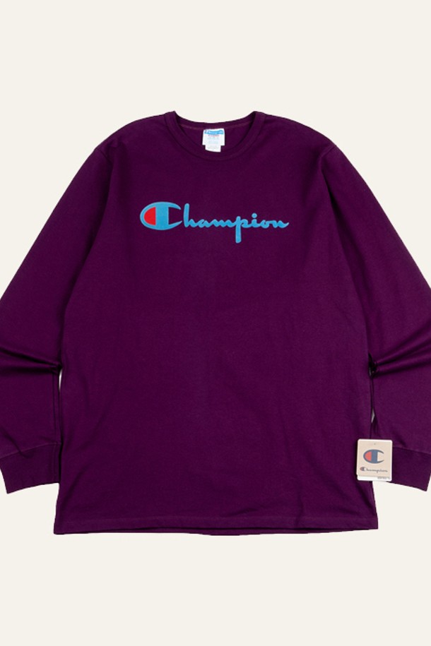 CHAMPION - 긴팔티셔츠 - 챔피온 헤리티지 디렉트 플록 스크립트 남성 긴팔티 퍼플