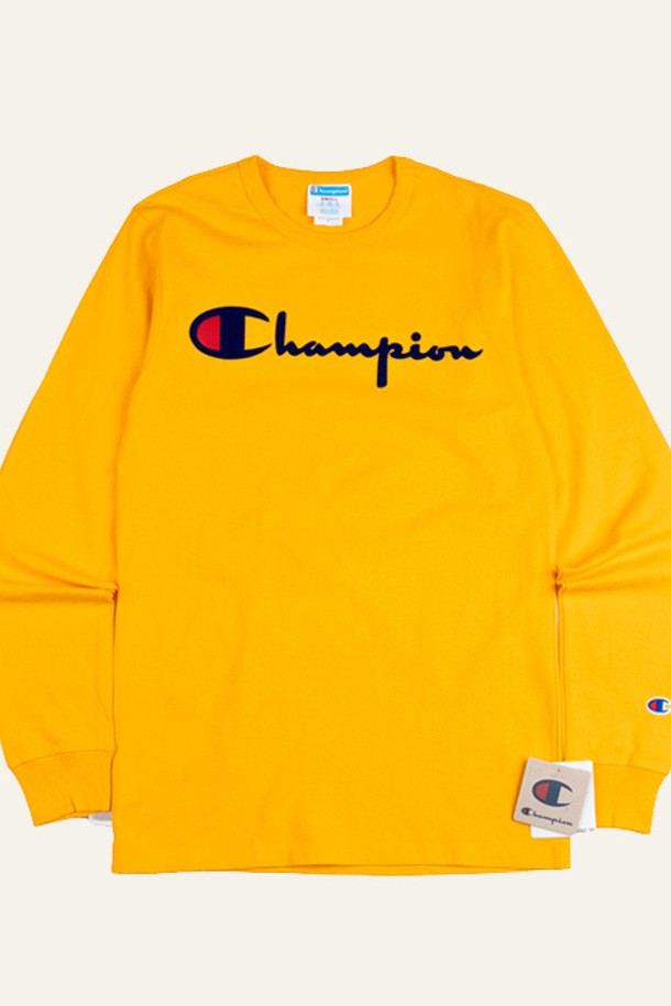 CHAMPION - 긴팔티셔츠 - 챔피온 헤리티지 디렉트 플록 스크립트 남성 긴팔티 c골드