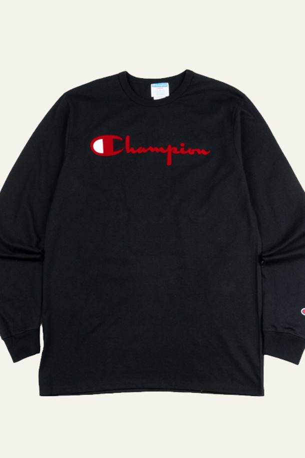 CHAMPION - 긴팔티셔츠 - 챔피온 헤리티지 디렉트 플록 스크립트 남성 긴팔티 블랙