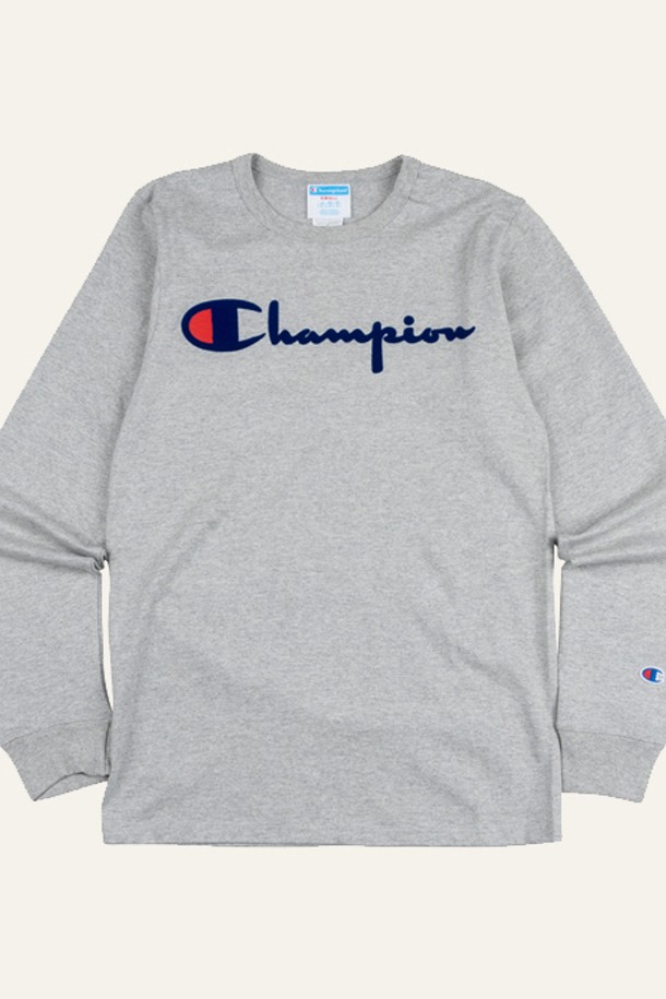 CHAMPION - 긴팔티셔츠 - 챔피온 헤리티지 디렉트 플록 스크립트 남성 긴팔티 그레이