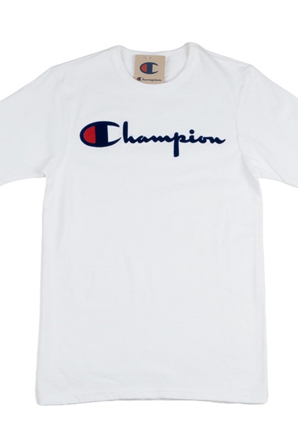 CHAMPION - 반팔티셔츠 - 챔피온 헤리티지 쇼츠 다이렉트 플록 스크립트 남녀공용 반팔티 화이트 GT19-Y07954-WHC