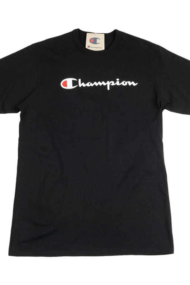 CHAMPION - 반팔티셔츠 - 챔피온 헤리티지 쇼츠 다이렉트 플록 스크립트 남녀공용 반팔티 블랙 GT19-Y07954-BKC