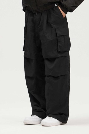 나일론 카고 포켓 와이드 파라슈트 카고팬츠 -기모_BLACK-a