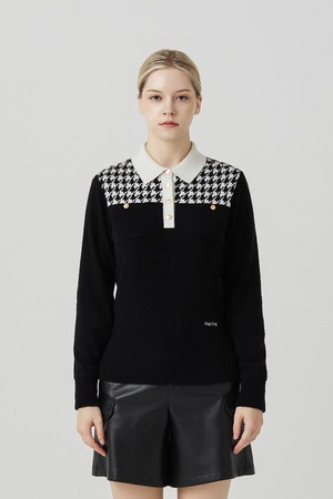 Hound Tooth Polo Neck Knit_BLACK