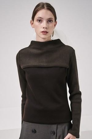 Rib Patched High-Neck Knit_Brown