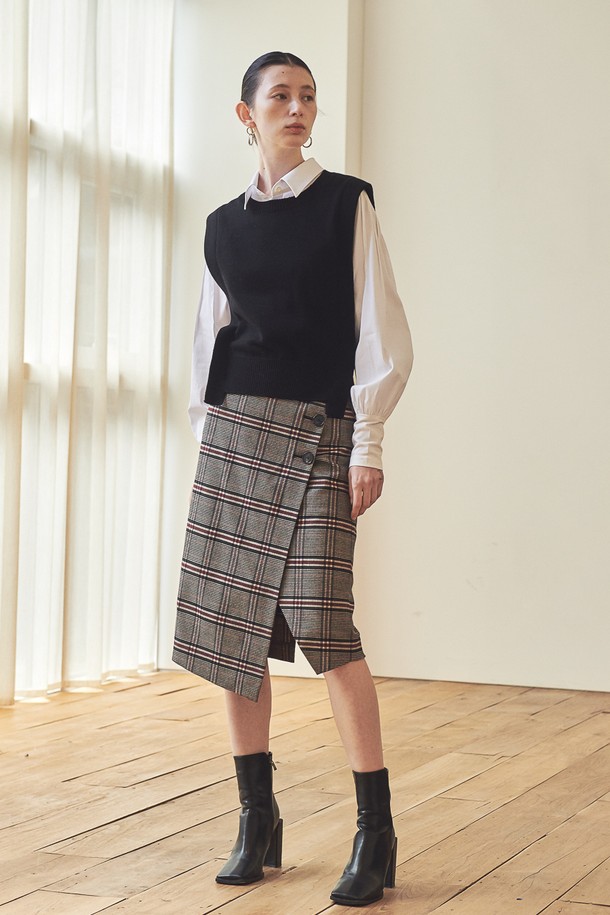 ACUD - 미디스커트 - 3 BUTTON CHECK PATTERN SKIRT_ CH.BLACK