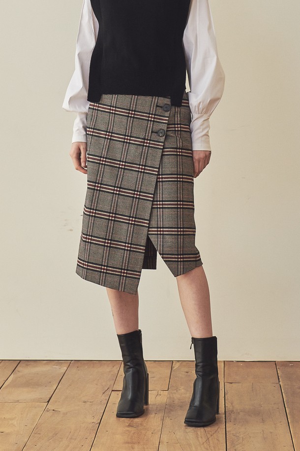 ACUD - 미디스커트 - 3 BUTTON CHECK PATTERN SKIRT_ CH.BLACK