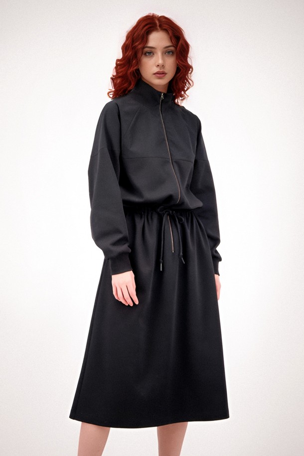 ACUD - 긴소매 원피스 - [25SS] Half Zip-up String Dress _Black