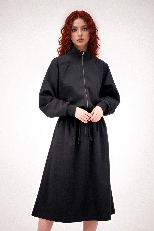 ACUD - 긴소매 원피스 - [25SS] Half Zip-up String Dress _Black