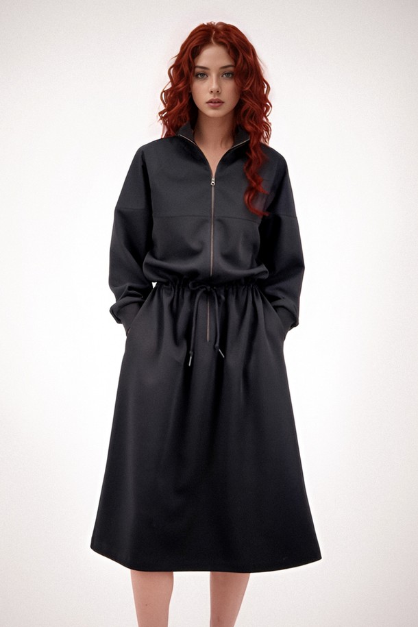 ACUD - 긴소매 원피스 - [25SS] Half Zip-up String Dress _Black