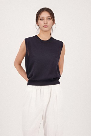 [25SS] Linen Round Neck Sleeveless Knit _Navy