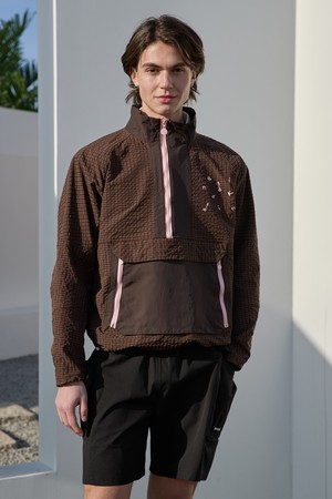 브라운 컬러블록 하프집업 아노락 (Unisex)