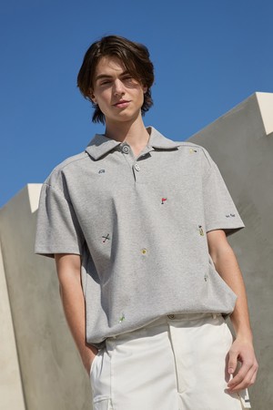 그레이 엠브로이더리 카라 스웻셔츠 (Unisex)