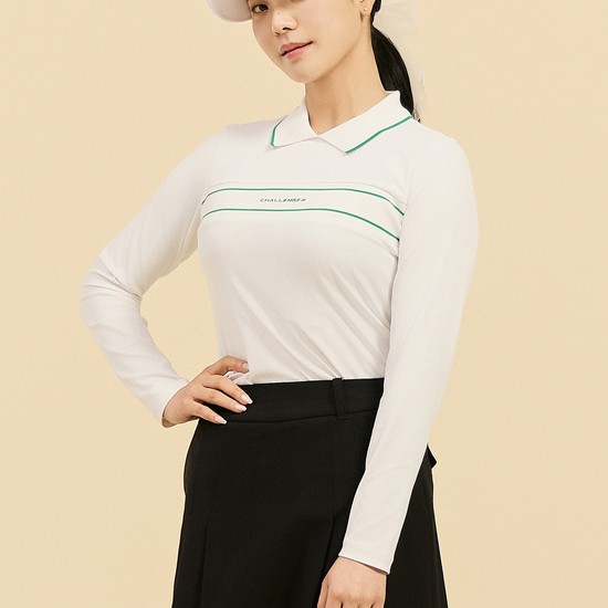 [온라인단독] 여성 슬림핏 니트 배색 카라 티셔츠 화이트