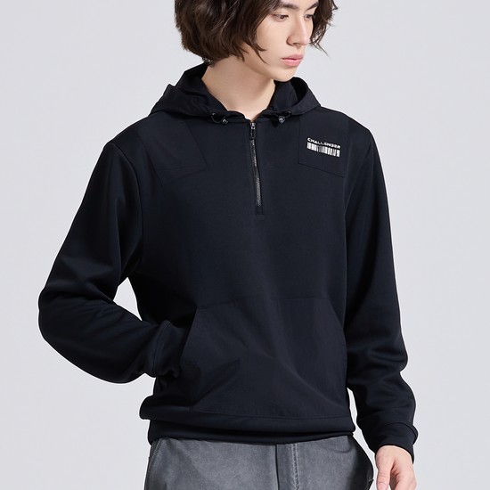 남성 톤온톤 우븐패치 아노락 후드 긴팔 티셔츠 블랙