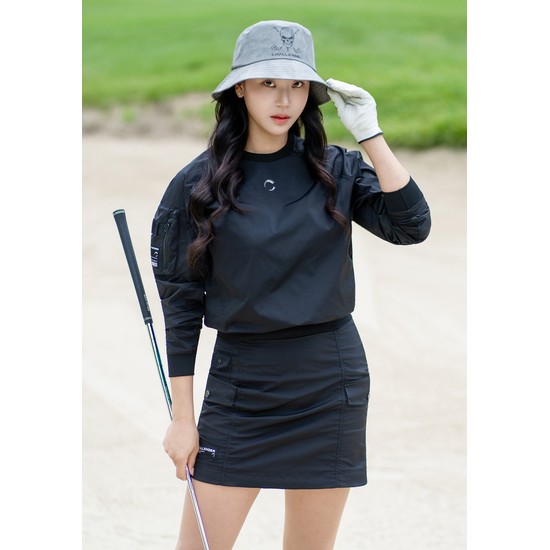 여성 어반 셔링소매 아웃포켓 라운드 우븐탑 블랙