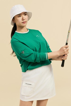 여성 경량 스트레치 소매 포켓 라운드넥 우븐탑 그린_GREEN-a