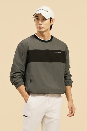 남성 폴리 배색 라운드넥 우븐탑 차콜_GREY-a