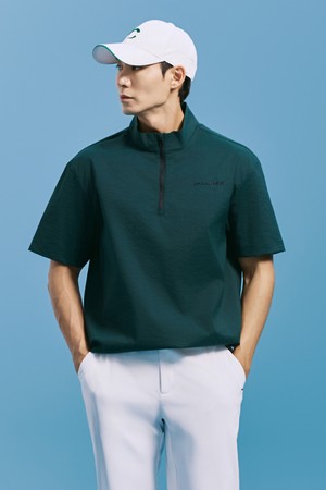 남성 크링클 나일론 스판 반집업 반팔 우븐탑 다크그린_GREEN-a