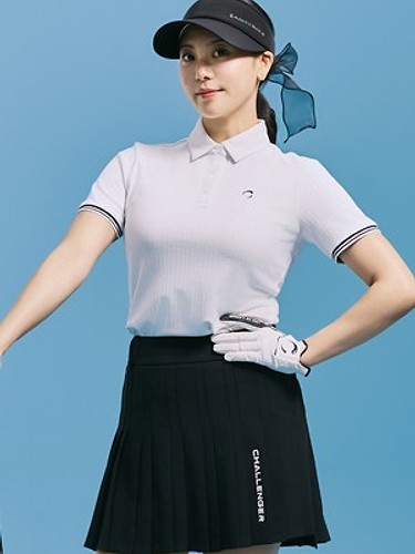 [온라인단독] 여성 트위스트 조직 배색 립 포인트 카라 반팔티 화이트-a