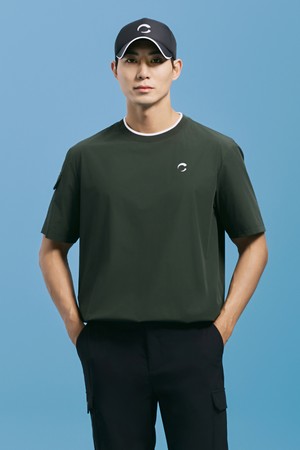 남성 티핑 포인트 라운드 반팔 우븐탑 카키_KHAKI-a
