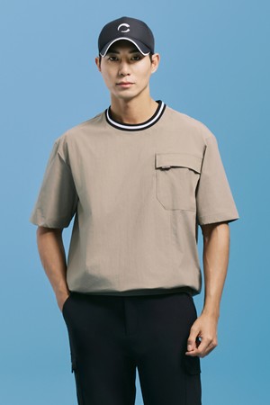 남성 배색 디테일 라운드 반팔 우븐탑 베이지_BEIGE-a