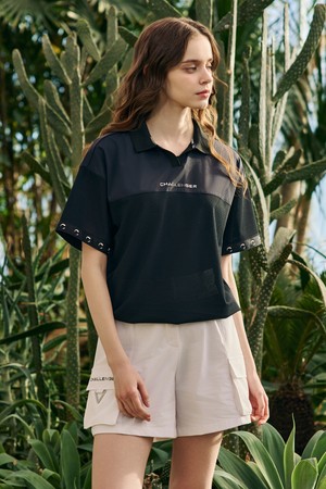 여성 냉감 트리코트 엠보 메쉬 믹스 카라 반팔 티셔츠 블랙_BLACK-a