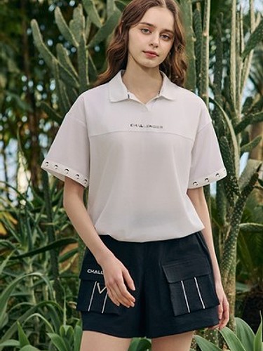 [온라인단독] 여성 냉감 트리코트 엠보 메쉬 믹스 카라 반팔 티셔츠 화이트-a