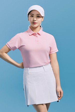 여성 폴리 피케 배색 카라 반팔 티셔츠 라이트핑크_PINK-a