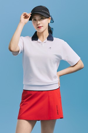 여성 PQ소재 배색 오픈 카라 반팔 티셔츠 화이트_WHITE-a