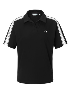 여성 트리코트 배색 디테일 오픈 카라 반팔티 블랙_BLACK-a