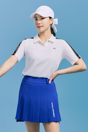 여성 트리코트 배색 디테일 오픈 카라 반팔티 화이트_WHITE-a