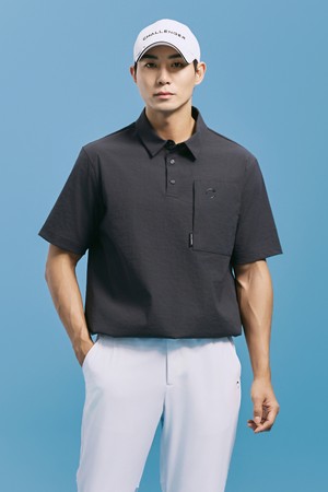 남성 크링클 스트레치 포켓 디테일 카라 반팔 우븐탑 다크그레이_GREY-a