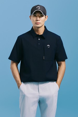 남성 크링클 스트레치 포켓 디테일 카라 반팔 우븐탑 네이비_NAVY-a