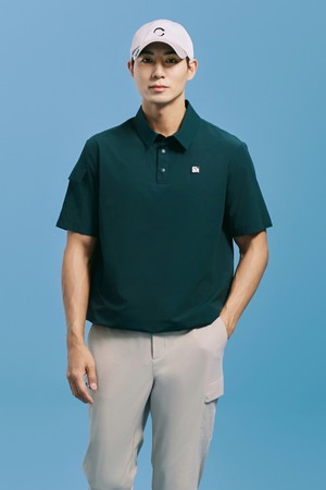남성 에센셜 나일론 스트레치 카라 반팔 우븐탑 다크그린_GREEN-a