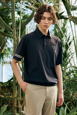 남성 트라이앵글 포인트 트리코트 블루종 카라 티셔츠 블랙_BLACK-a