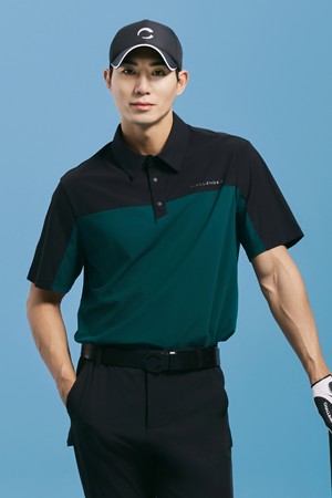 남성 트리코트 컬러블록 카라 반팔 티셔츠 다크그린_GREEN-a
