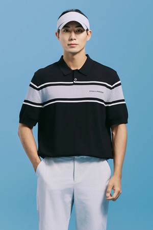 남성 배색 스트라이프 카라 니트 풀오버 블랙_BLACK-a